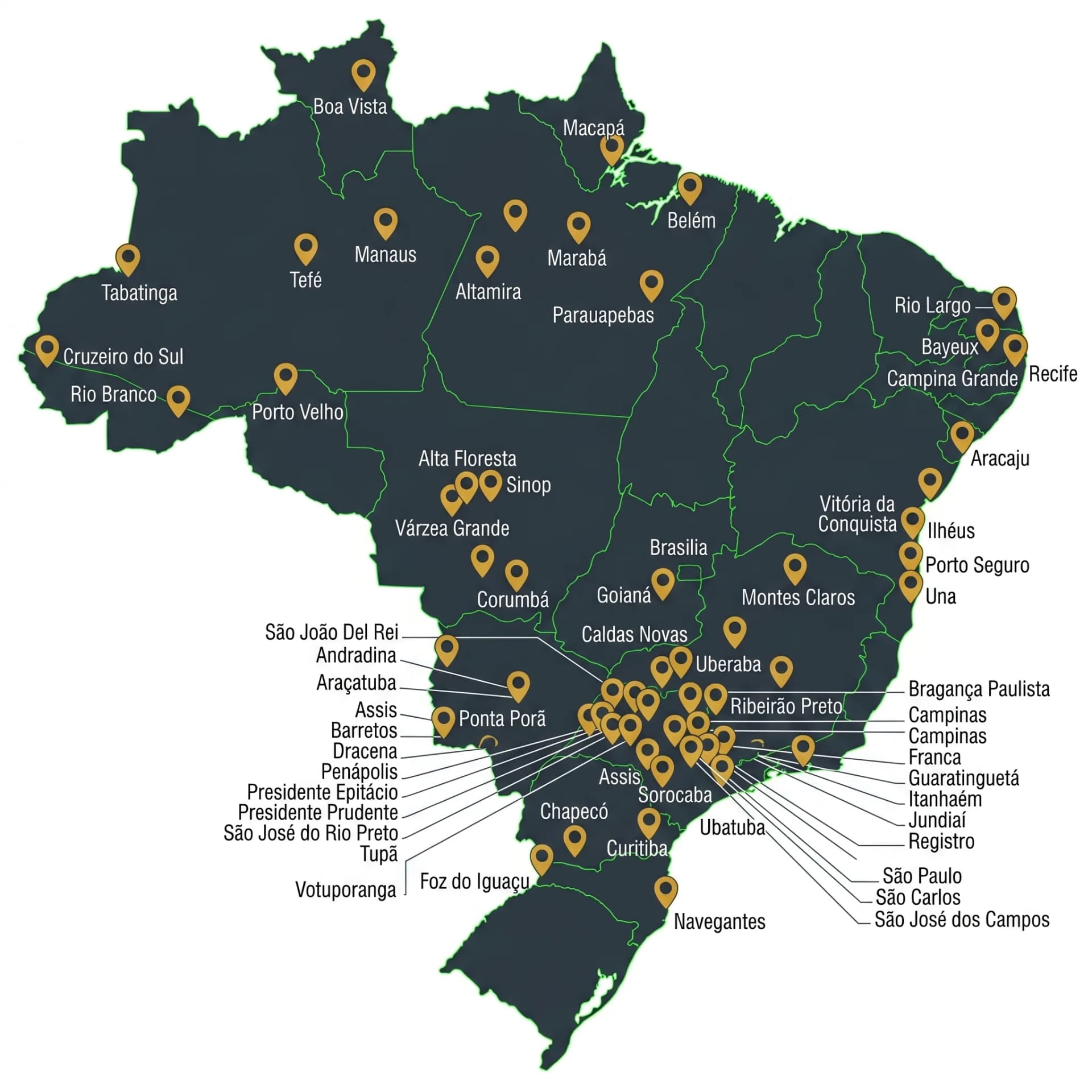 Mapa do Brasil com cidades atendidas
